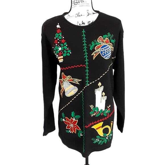 Vintage 80s Ugly Christmas Sweater Black Crewneck Beaded Embroidered Womens L - Picture 1 of 11